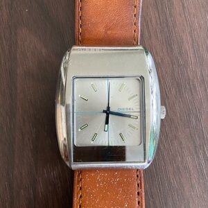 Diesel Silver Watch with Brown Leather Strap Vintage